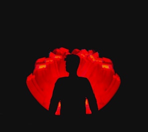 A silhouetted figure stands against a striking red background. The red is bright and vibrant, creating a dramatic contrast with the dark outline of the person, giving the impression of a glowing or illuminated backdrop.