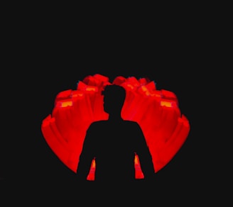 A silhouetted figure stands against a striking red background. The red is bright and vibrant, creating a dramatic contrast with the dark outline of the person, giving the impression of a glowing or illuminated backdrop.