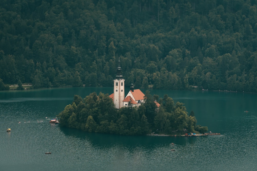 a small island in the middle of a lake