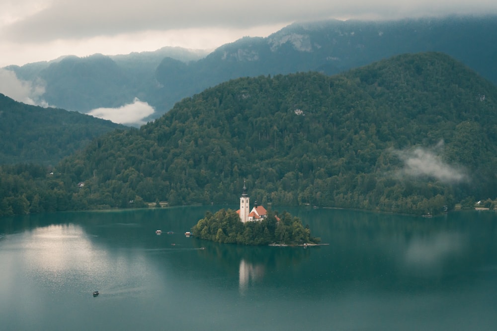 a small island in the middle of a lake