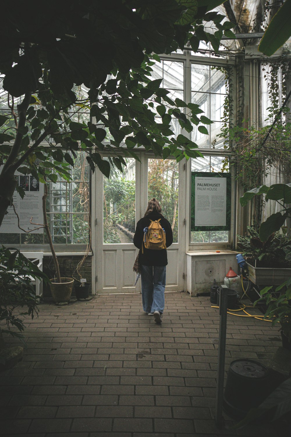 a person with a backpack walking through a greenhouse