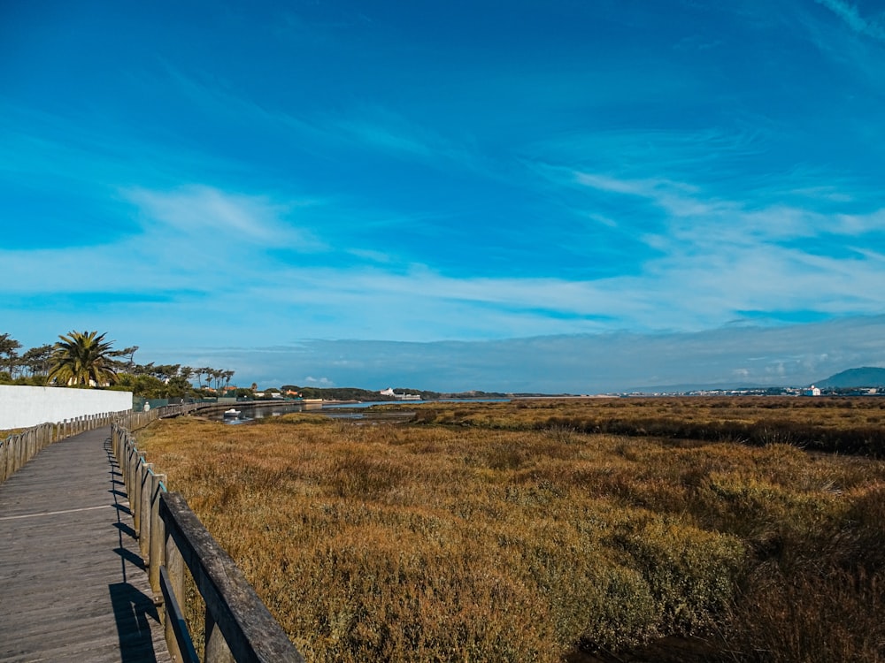 a wooden walkway leading to a grassy field