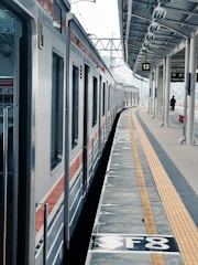A train is stationed at a platform with polished metal surfaces and red stripe accents. The platform is marked with tactile paving and signage. Overhead, a structured metal roof provides shelter, and a few people can be seen walking in the background.