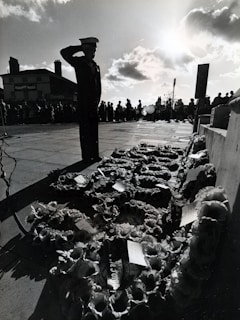 A silhouetted figure in uniform stands saluting beside a display of floral wreaths. The scene appears to be outdoors and possibly at a memorial or remembrance event. The gathering crowd in the background, set against a bright sky with clouds, suggests a formal or solemn occasion.