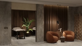 A modern and cozy interior space featuring two round, brown armchairs positioned beside a small round side table against a textured gray and wood-paneled wall. A decorative plant sits next to massage tables in a dimly lit area, adding an element of tranquility. Bamboo décor elements enhance the overall aesthetic.