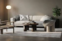 a living room with a couch, chair and table