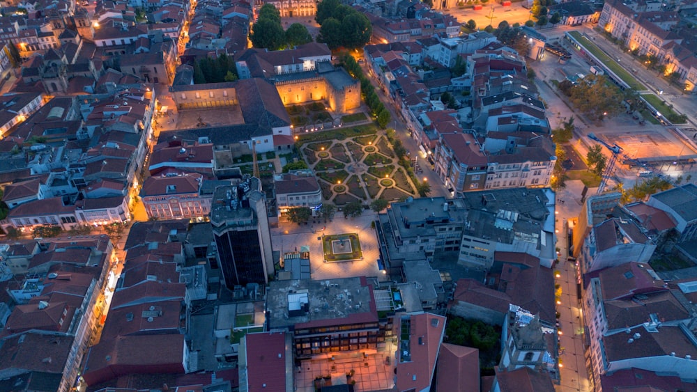 an aerial view of a city at night