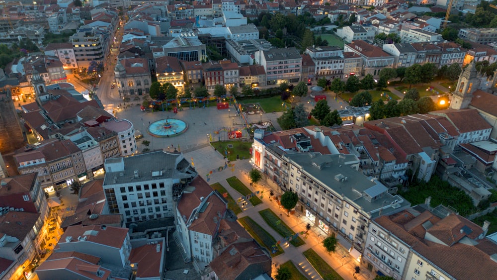 an aerial view of a city at night