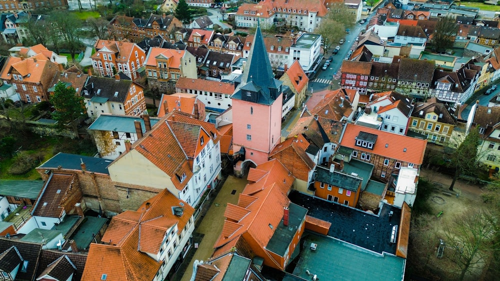 an aerial view of a city with many buildings