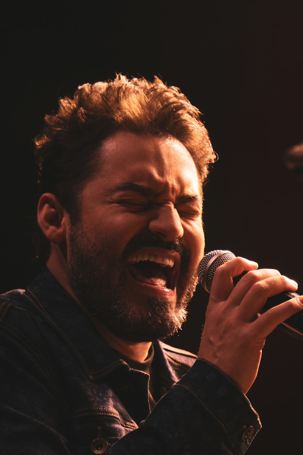 a man with a beard singing into a microphone