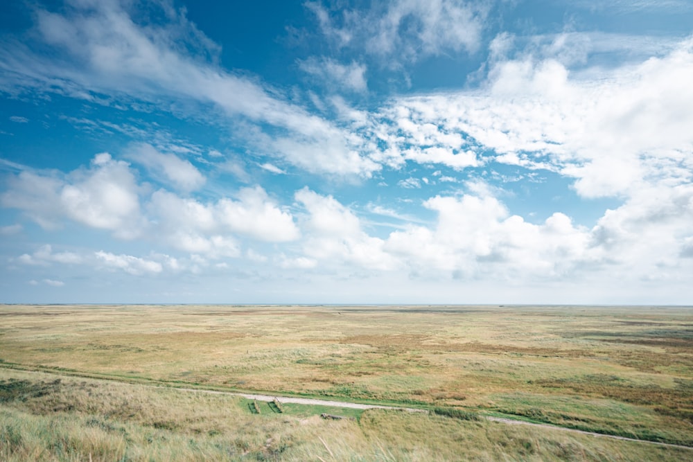 a wide open field with a road running through it