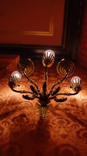 An ornate chandelier with golden bronze detailing and multiple arms supports small light bulbs. The intricate wall behind it features a richly patterned design in warm tones, contributing to an overall luxurious and classic ambiance.