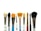 A collection of paintbrushes with a variety of shapes and sizes arranged in a row against a white background. The bristles range from flat and fan-shaped to round tips, and they appear to be made from different materials.