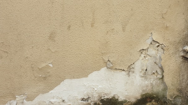 A weathered wall with peeling paint and visible cracks. The texture varies from rough to smooth, with portions of the plaster exposed. There is also some discoloration and signs of dampness at the base.