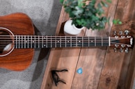 A wooden acoustic guitar is resting on a wooden surface beside a potted green plant in a white vase. A blue guitar pick and a pair of black-framed glasses are placed nearby.