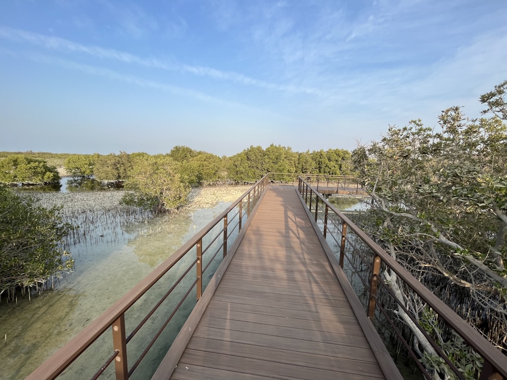 a wooden bridge over a river surrounded by trees