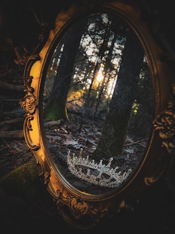 An elegant, customized mirror with intricate royal patterns etched into its frame, glowing softly.