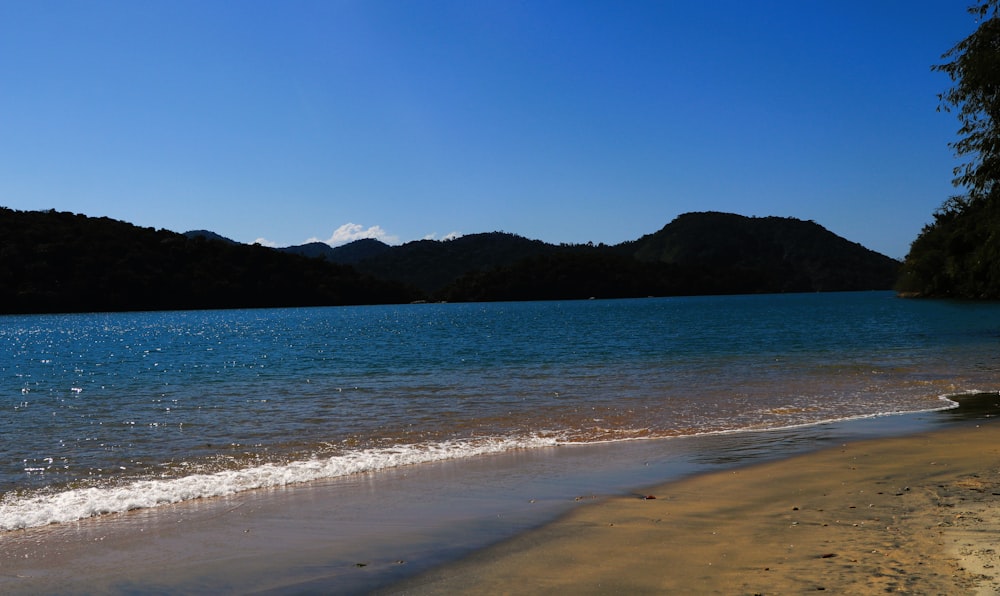 a body of water sitting next to a sandy beach