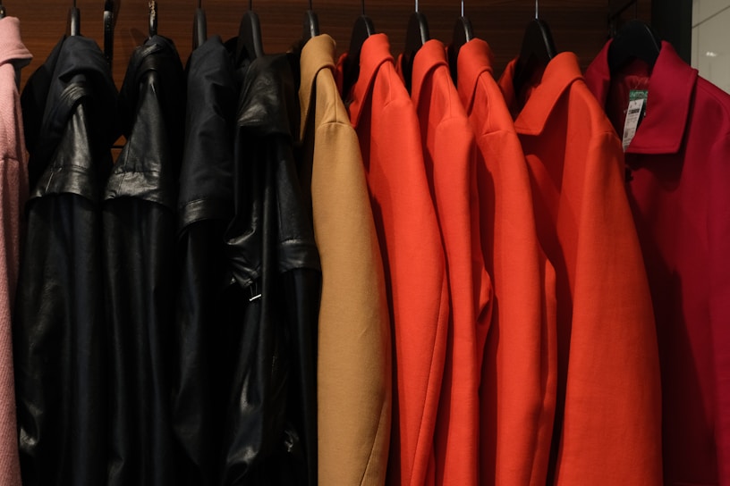 A row of coats hanging on hangers, featuring a variety of colors such as pink, black, beige, orange, and red. The coats are organized neatly in a line, and the material appears to range from fabric to leather.