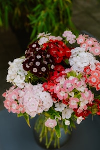A vibrant bouquet of flowers featuring a mix of red, pink, and white blossoms. The flowers are arranged in a green vase, and the background includes blurred greenery, giving a fresh and natural ambiance.