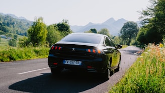 A cabpe car cruising along a scenic highway with lush green fields on either side under a clear blue sky.