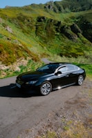 A sleek car parked on a scenic road.