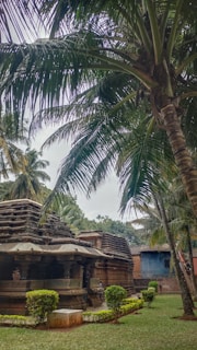 An ancient stone temple surrounded by lush green vegetation, featuring palm trees overhead. The structure has intricate carvings and is set in a serene garden with well-maintained hedges. The atmosphere appears tranquil, with a slightly overcast sky adding to the calm ambiance.