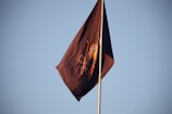 A dark-colored flag with an intricate emblem design flutters against a clear blue sky. The flag is attached to a tall flagpole, and the design appears to be detailed with multiple colors that stand out against the dark background.