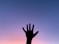a person's hand reaching up into the sky