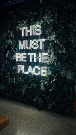 A neon sign displaying the words 'THIS MUST BE THE PLACE' is mounted on a lush, green foliage-covered wall. The surrounding area features a variety of leaves, creating a natural backdrop. The setting includes a concrete floor and a wooden bench partially visible in the corner.
