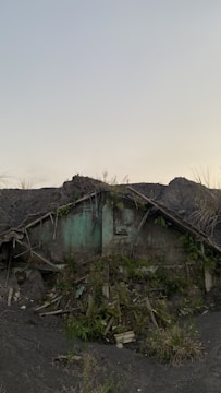 An old, abandoned house partially buried and overgrown with plants and debris. The structure shows signs of decay with its roof collapsing and greenery overtaking what remains of the walls.