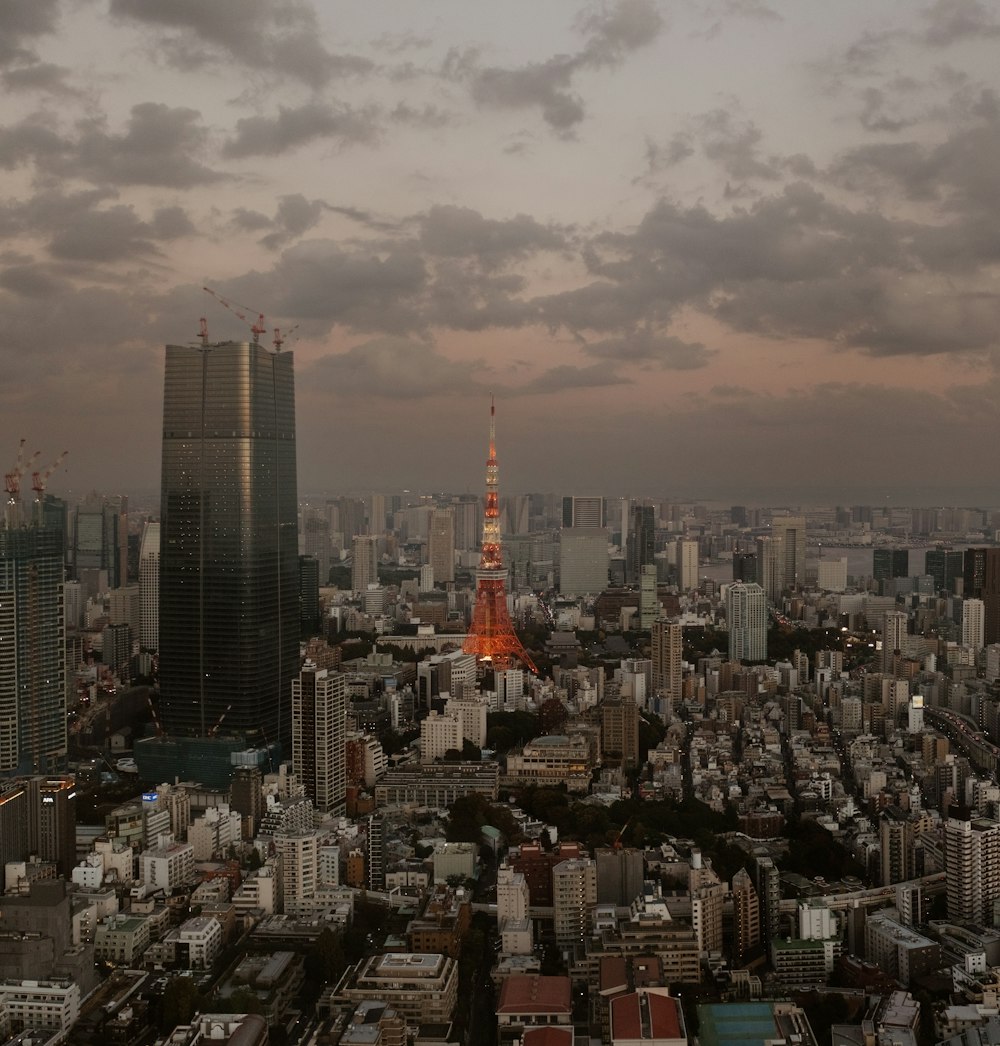 a view of a city with tall buildings under a cloudy sky