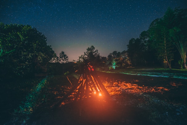 A serene desert camp at night under a clear sky filled with stars and a glowing campfire.