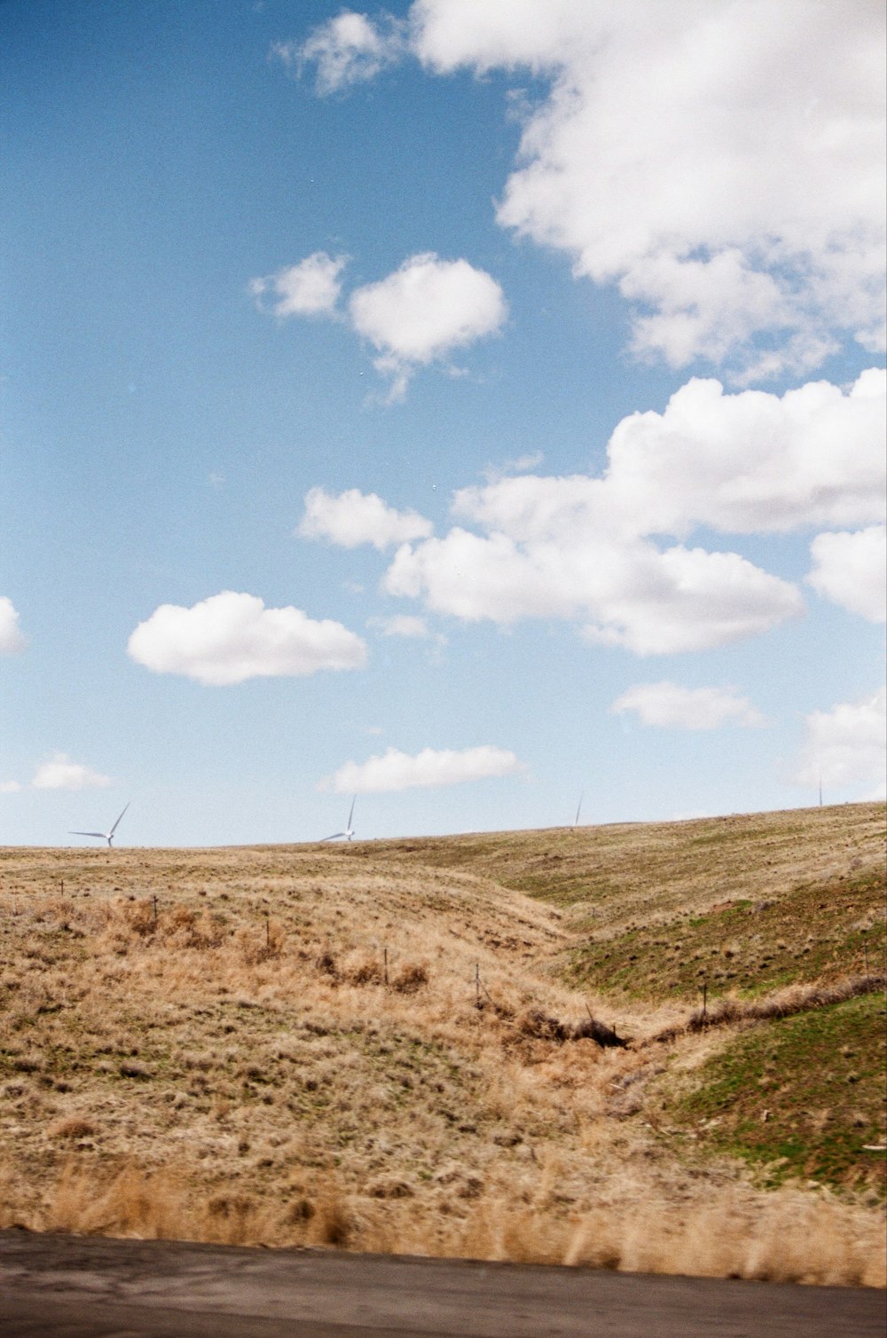 a grassy field with a wind turbine in the distance