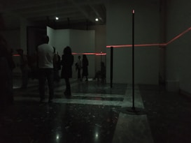 A dimly lit indoor space with several people scattered throughout. The room features a glossy, reflective floor and a series of vertical black poles. Red laser lines extend across the walls and through the room, creating a geometric pattern.