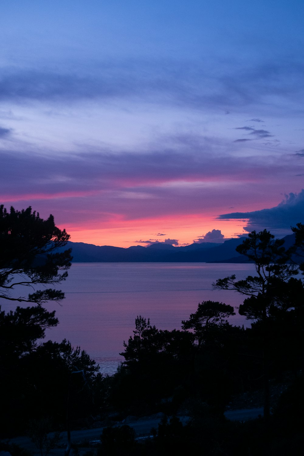 a sunset view of the ocean and trees