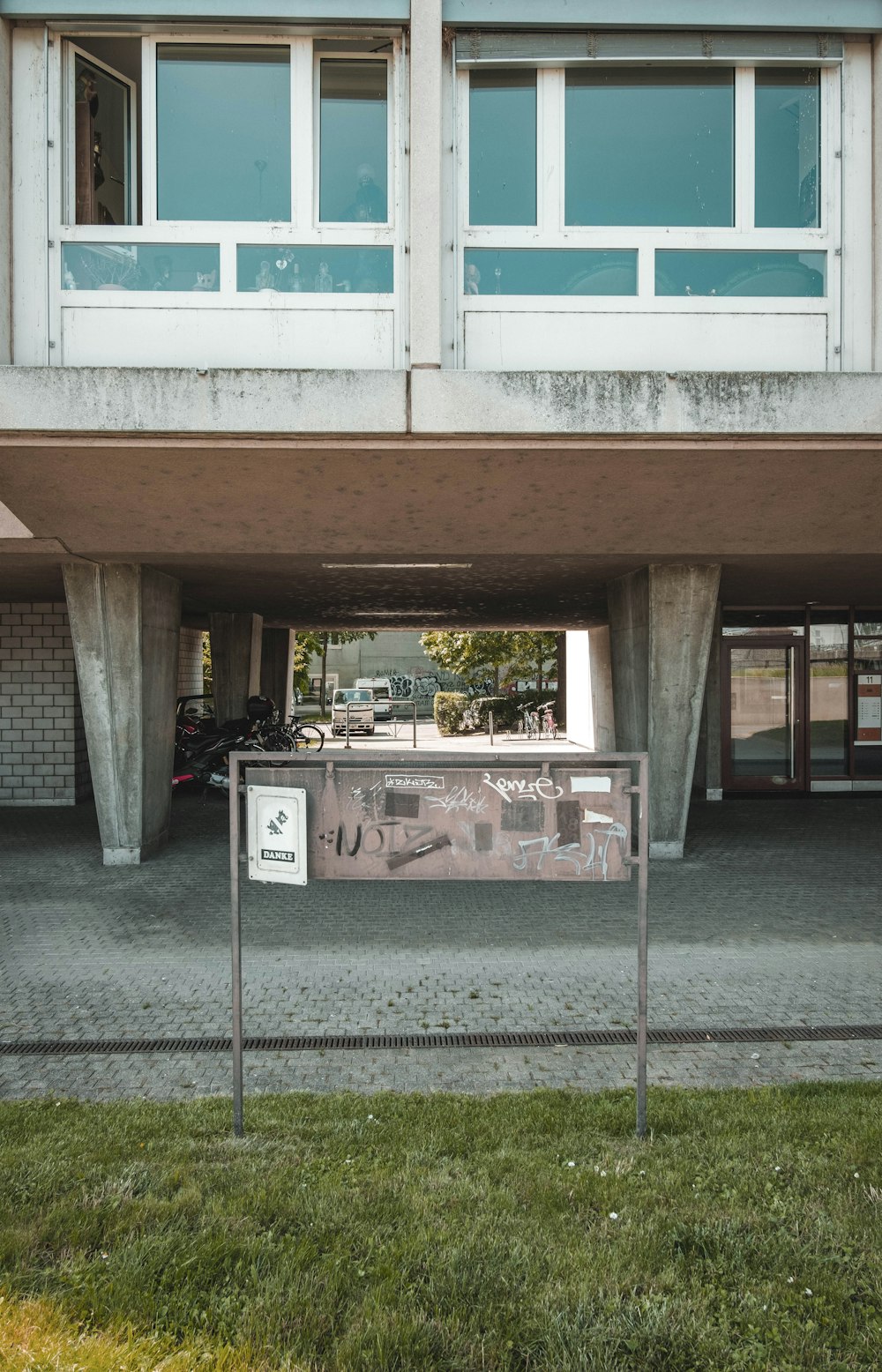 a building with a sign in front of it