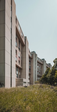 A row of modern, multi-story apartment buildings lines the edge of an overgrown grassy area with a few trees. The buildings have a minimalist design with large windows and beige facades.