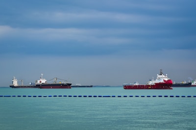 Large ships are positioned on a calm ocean under a cloudy sky. The sea appears serene with visible waves, and there is a line of blue barriers floating on the water. The ships vary in size and are distributed across the horizon, indicating a busy maritime environment.
