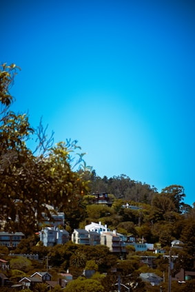 A serene hillside neighborhood with modern homes surrounded by lush greenery under a clear sky.