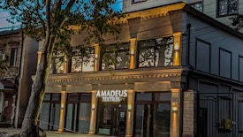 A modern building with a stylish facade features large windows and is identified by a sign that reads 'Amadeus Textiles'. The structure is illuminated by warm lights, adding an inviting glow. A tree partially obstructs the view, adding a touch of nature to the urban setting.