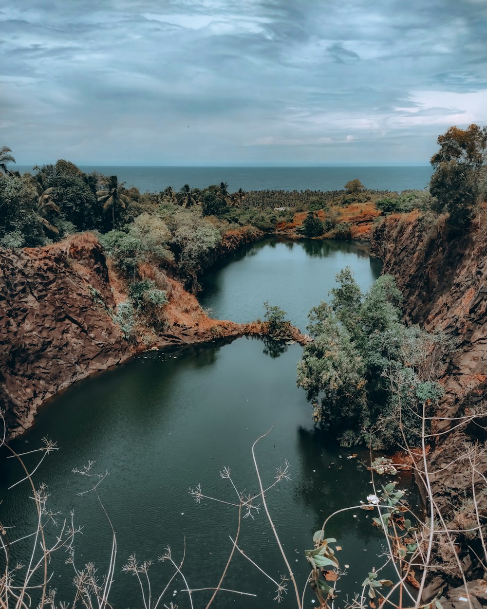 a large body of water surrounded by trees