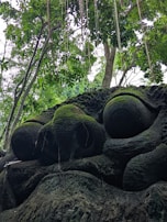 A ceramic sculpture resembling a mythical creature emerging from moss-covered roots.