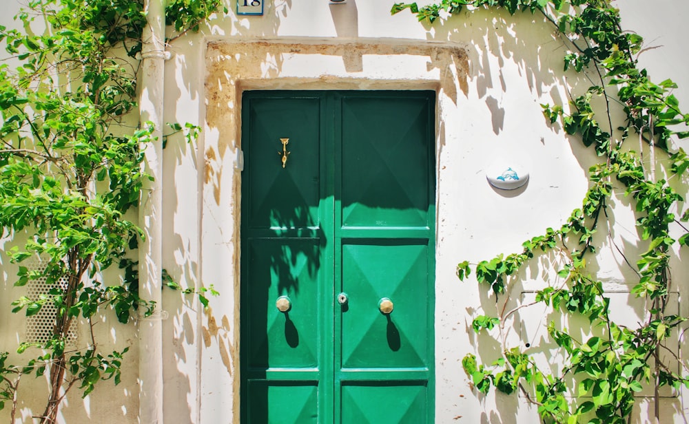 a green door in front of a white building