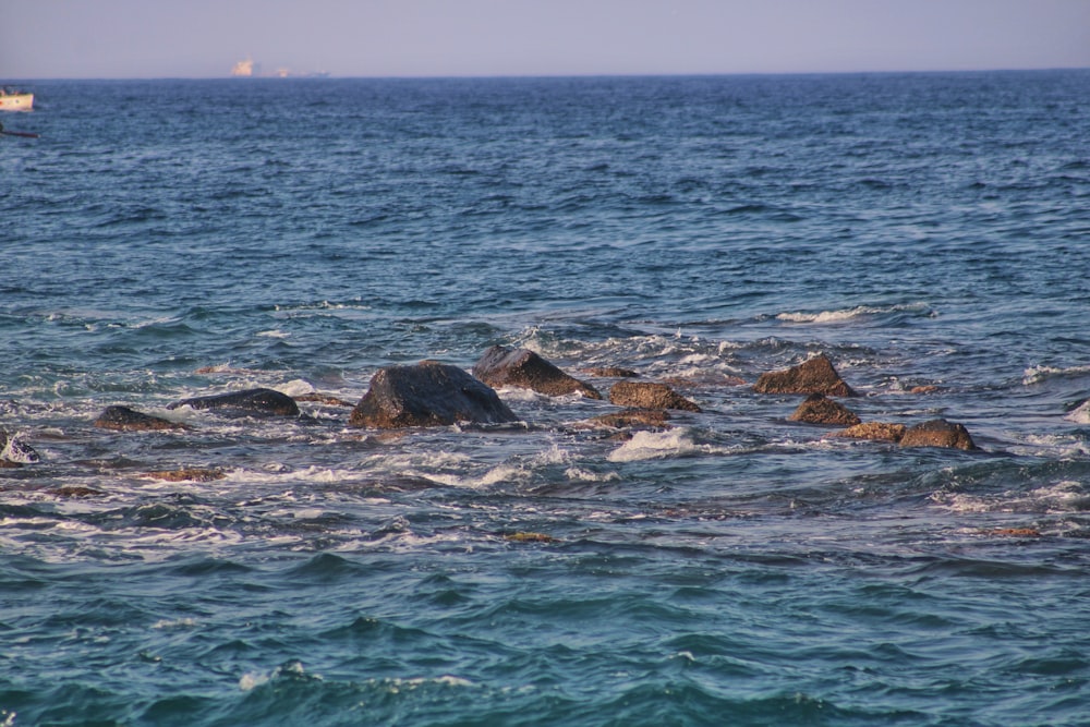 a large body of water with rocks in the middle of it