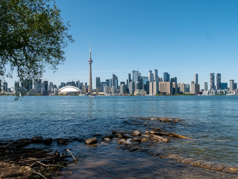 a large body of water with a city in the background