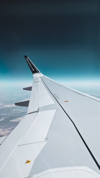 A close-up view of an airplane wing, with a clear sky and distant land visible below. The wingtip features a logo and website address.