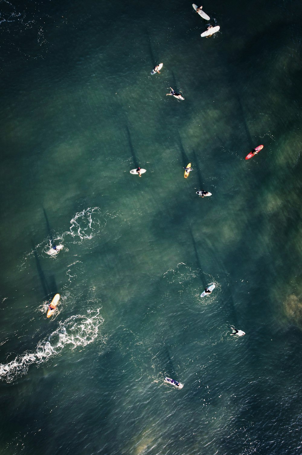 a group of people riding surfboards on top of a body of water