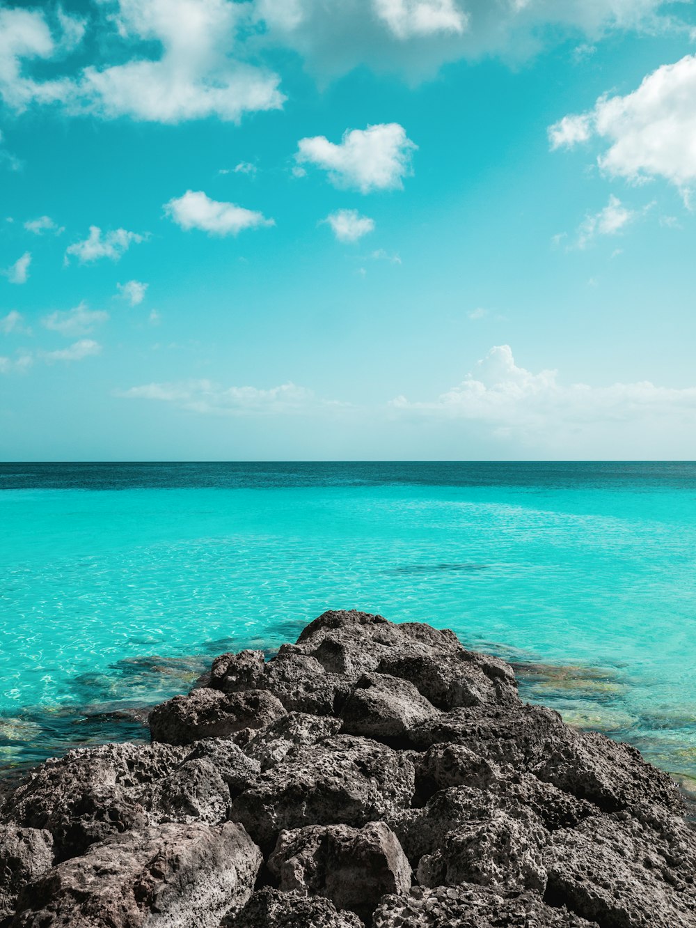 a view of the ocean from a rocky shore