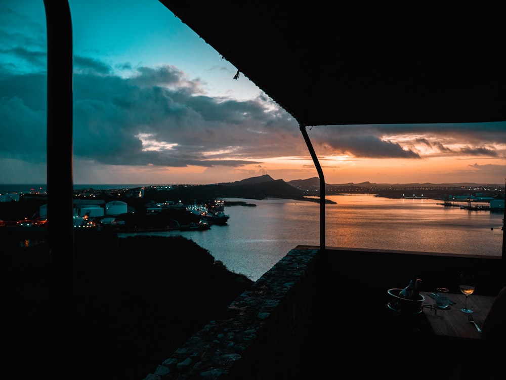 a view of a body of water at sunset